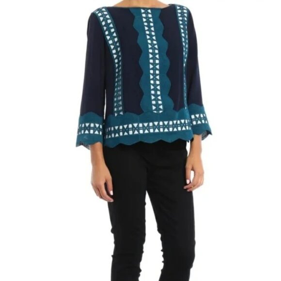 Tory Burch Navy Blue Green and White Silk Blouse - Picture 14 of 14